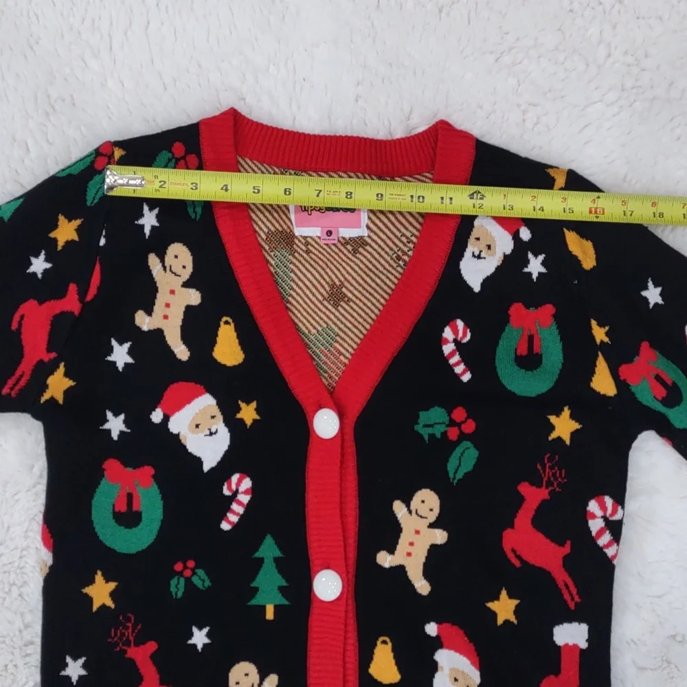 Tipsy Elves Black Cardigan with Red Trim and Festive Motifs - Picture 11 of 17
